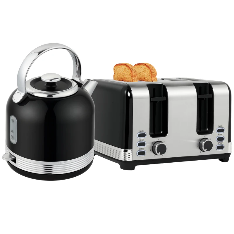 HOMCOM Polished Stainless Steel Kettle and Toaster Set - Black