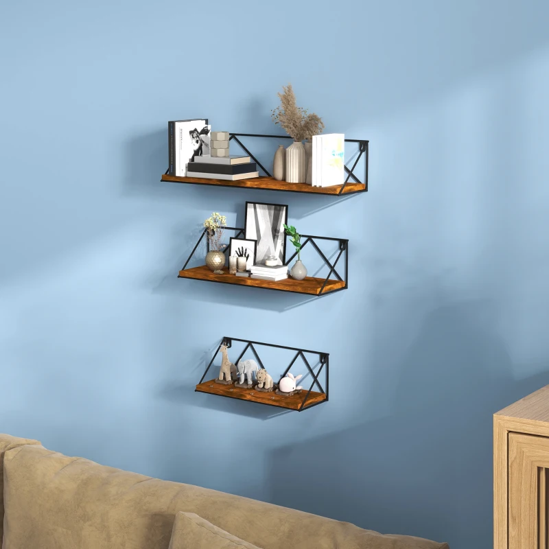 HOMCOM Conjunto de 3 Prateleiras de Parede Industrial Prateleiras Suspensas 30x12x12 cm 40x12x12 e cm 50x12x12 cm Madeira e Preto