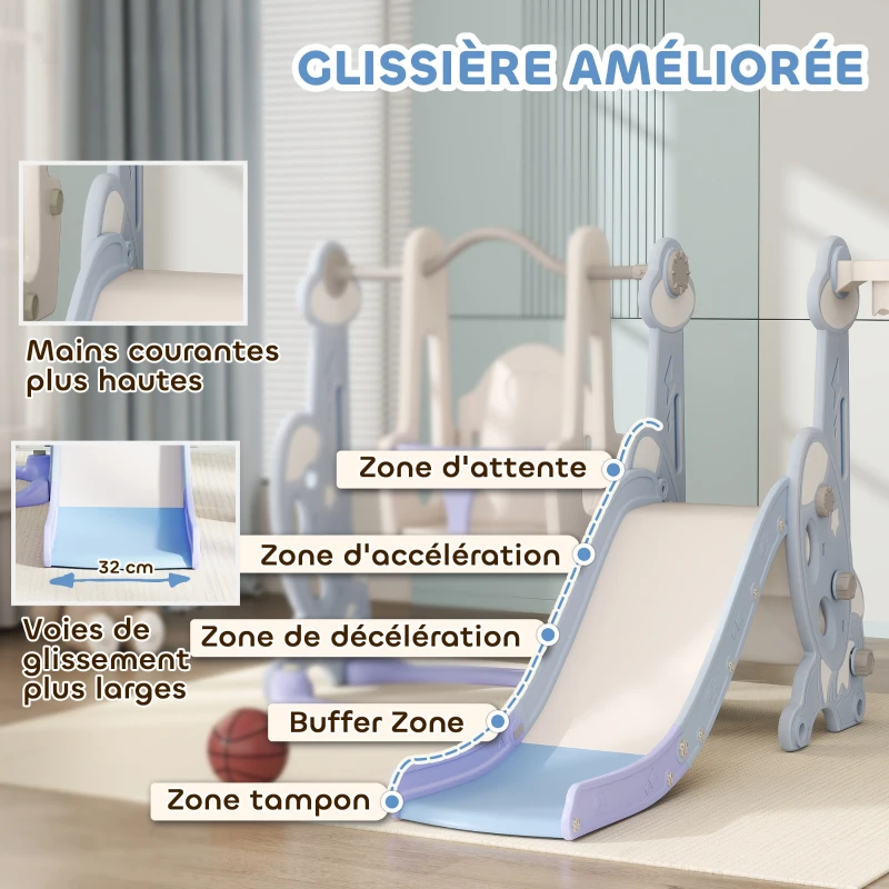 AIYAPLAY Toboggan et balançoire pour enfants 4 en 1 avec panier de basket et échelle, 147,5 x 160 x 107 cm, bleu clair