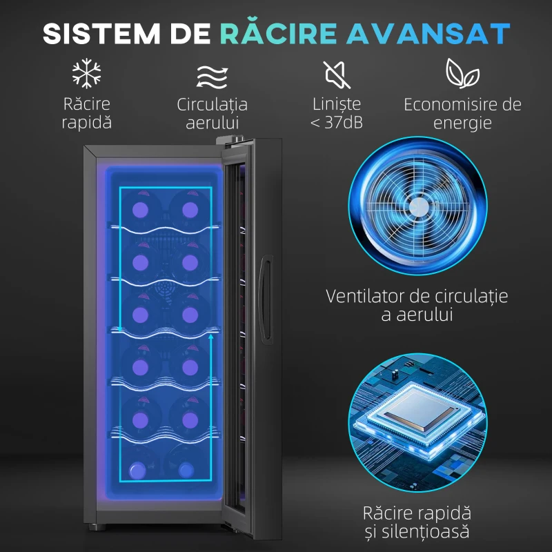 HOMCOM Frigider pentru 12 sticle cu Control Dublu al Temperaturii, Rafturi Reglabile și Iluminare, Negru