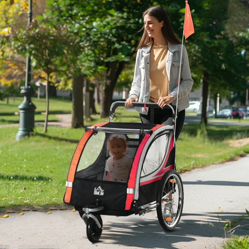 HOMCOM Rimorchio Bici per Bambini e Passeggino, Design 2 in 1 con Freno, Cintura a 5 Punti, Carrello Rimorchio per Bicicletta con Tasche Laterali, Catarifrangenti e Bandierina, Rosso