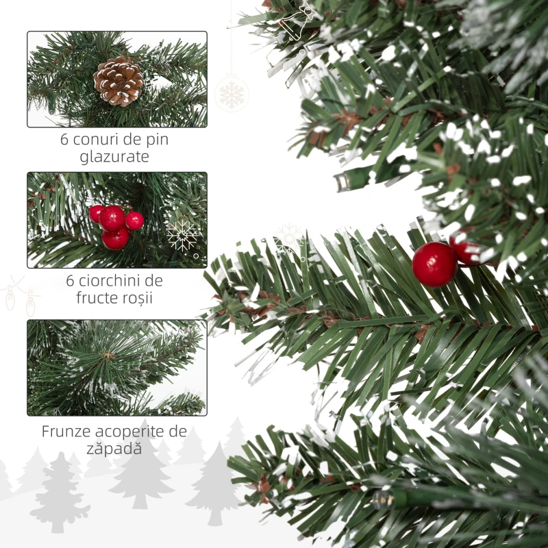 HOMCOM Ghirlandă de Crăciun cu 50 de lumini LED albe și decorațiuni, din plastic și metal, 180x30x30 cm, verde