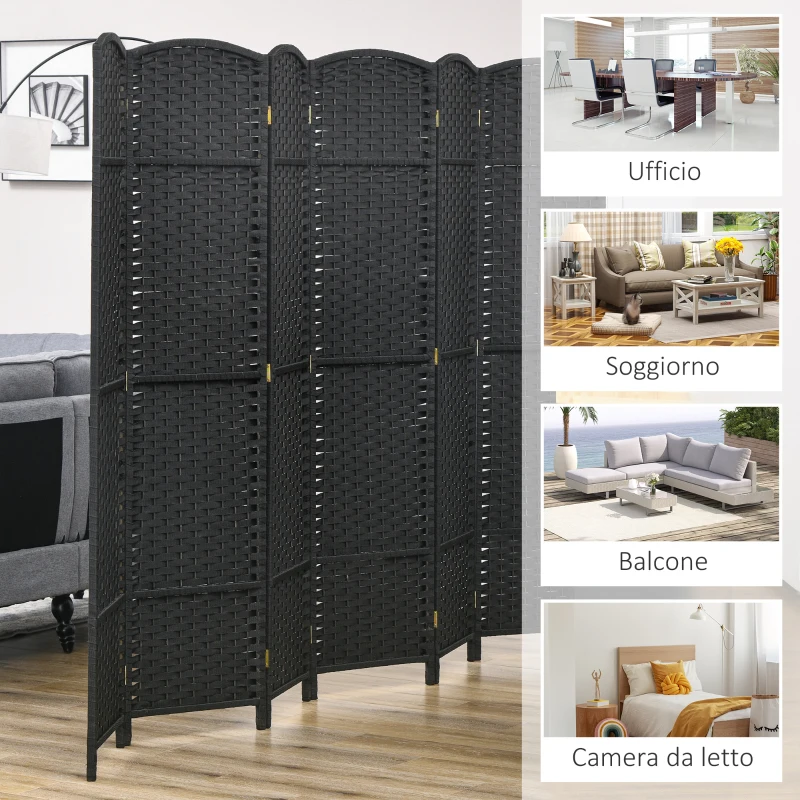 HOMCOM Paravento Divisorio da Interni Pieghevole a 6 Ante Intrecciato, 240x170 cm, Nero