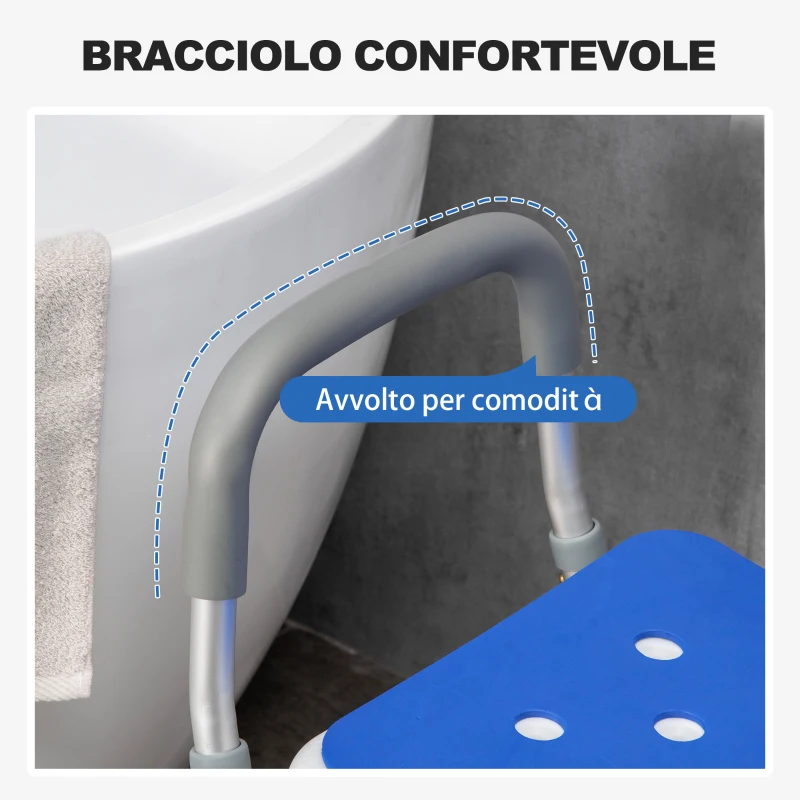 HOMCOM Sedia per Doccia con Imbottitura e Altezza Regolabile, Braccioli e Piedini a Ventosa