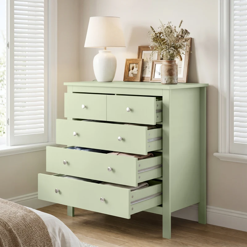 HOMCOM 5 Drawer Chest of Drawers, Modern Dresser for Bedroom, Bedside Storage Cabinet, Wide Storage Unit with Glide Runners for Living Room, Hallway, Closet, 79 x 39.5 x 80.5 cm, Sage Green