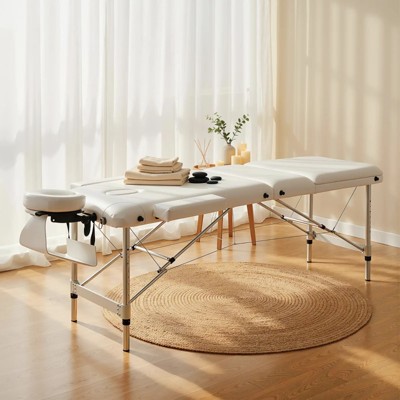 HOMCOM Mobile Massageliege 3 Zonen Klappbar Massagetisch mit Kopfstütze Armlehne Tragetasche höhenverstellbare Aluminium Massagebett tragbar inkl. Zubehör Massagebank bis 225 kg Belast Weiß