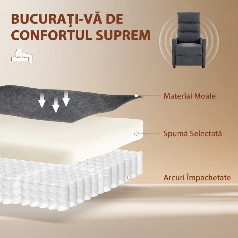 HOMCOM Fotoliu Reclinabil Manual cu Masaj 160°, Chenille, Suport Picioare, Telecomandă, Buzunare, Gri Închis