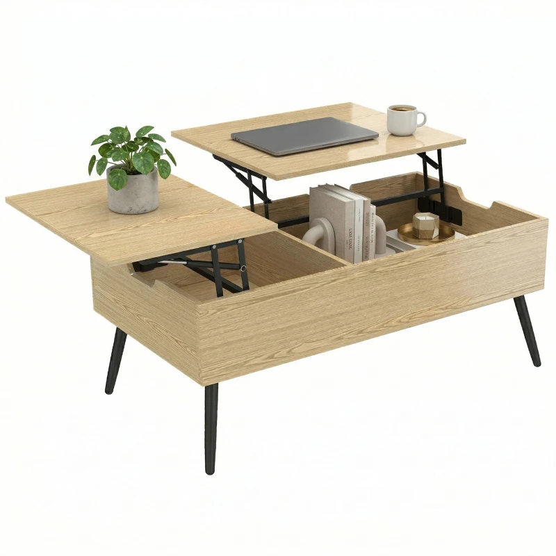HOMCOM Table basse relevable avec double plateau, table de salon avec compartiment caché et pieds en métal, bois naturel