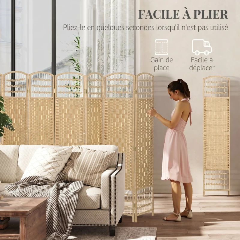 HOMCOM Paravent intérieur en bois séparateur de pièce cloison pliable 8 panneaux 320 x 170 cm bois naturel