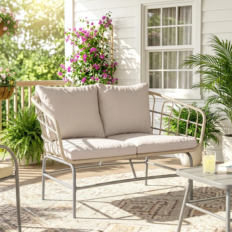 Outsunny Canapé de Jardin 2 Places en Résine Tressée Coussins Épais Anti-glisse 120 x 67 x 79 cm Marron