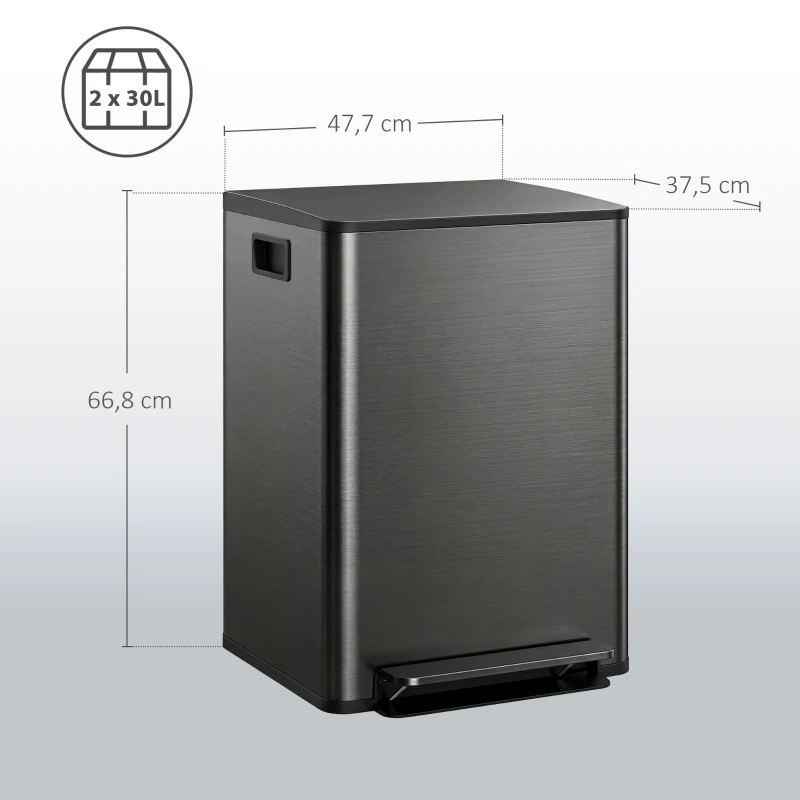 HOMCOM Prullenbak met 2x30L compartimenten, Soft-Close deksel, vingerafdrukbestendig, roestvrij staal, zwart