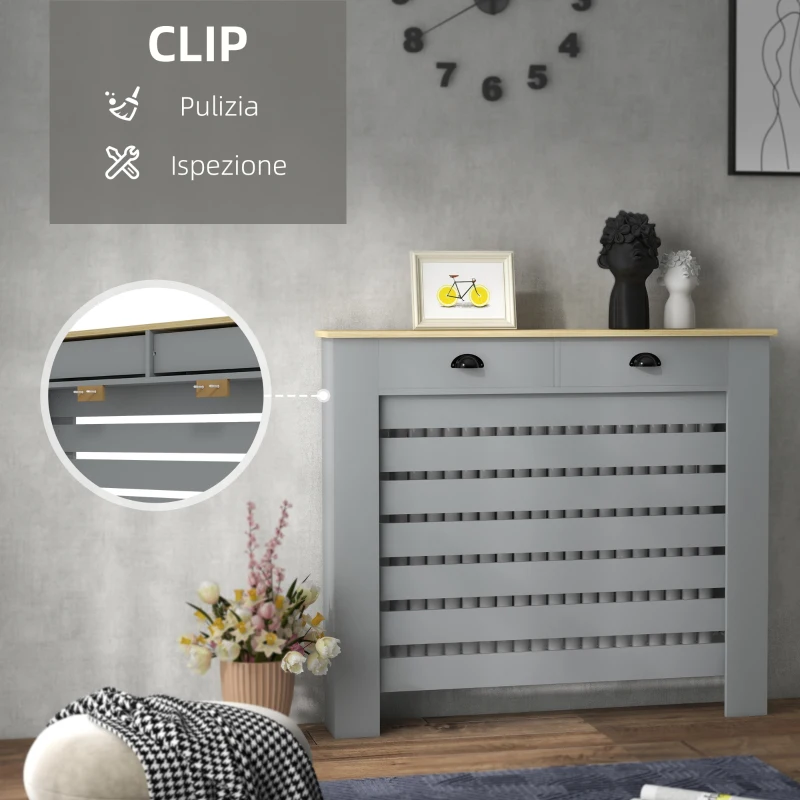 HOMCOM Copritermosifone in MDF a Doghe, Copricalorifero a Griglia con 2 Cassetti, 111x19x95.5 cm, Grigio
