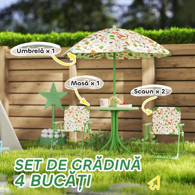 AIYAPLAY Set de Grădină pentru Copii 2-5 Ani cu Măsuță Rotundă, 2 Scaune Pliabile și o Umbrelă, Verde