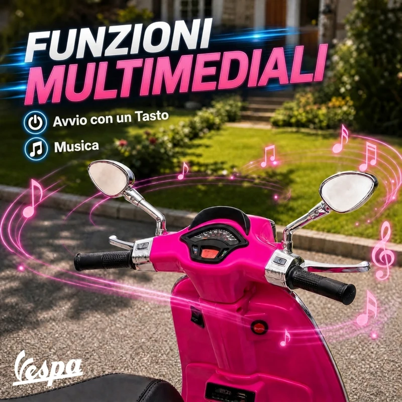 AIYAPLAY Moto Elettrica per Bambini a Licenza Vespa con Rotelle, Fanale e Musica, in PP e Metallo, 107x47x73 cm, Rosa