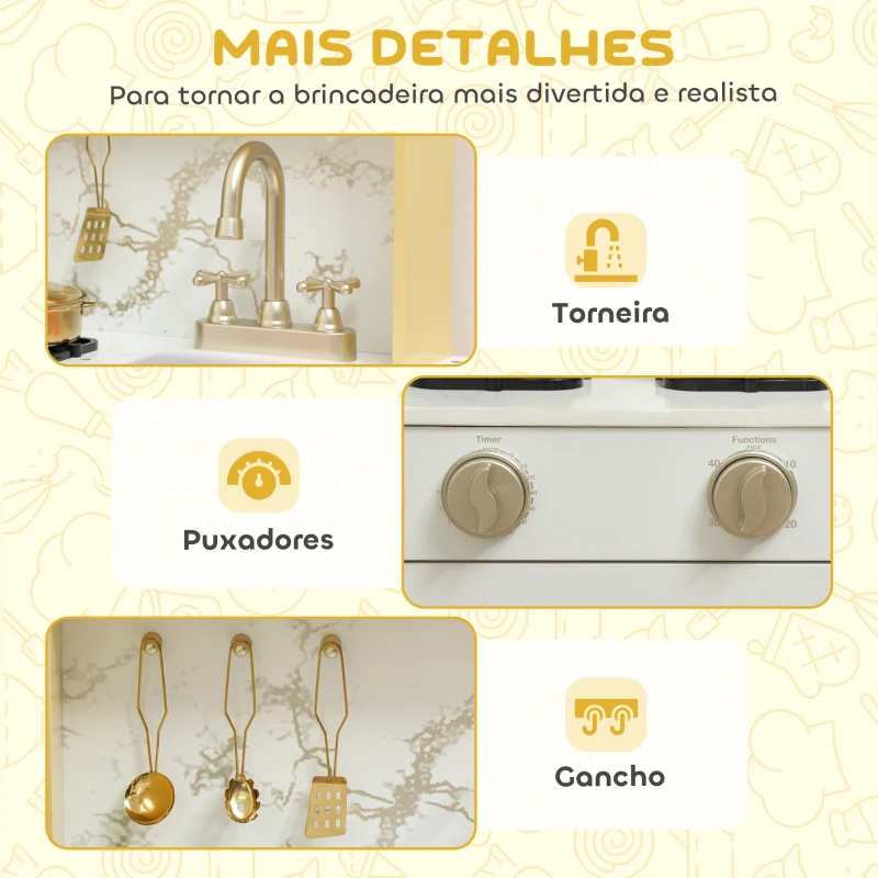 AIYAPLAY Cozinha de Brincar em Madeira com Som Acessórios em Aço Inoxidável Micro-Ondas Forno Lava-Loiças Legumes para Cortar 55x24x96 cm Dourado