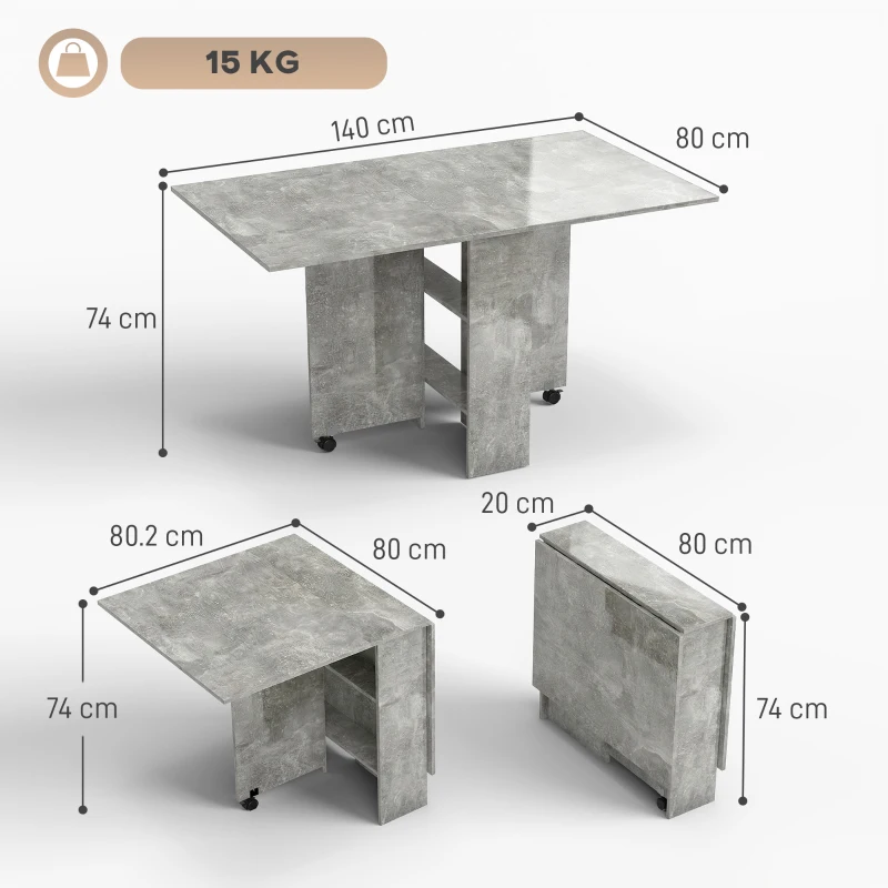HOMCOM Masă de Dining Pliabilă cu Extensii și Roți cu Frână pentru 4-6 Persoane, Birou Pliabil,140x80x74 cm, Gri Ciment