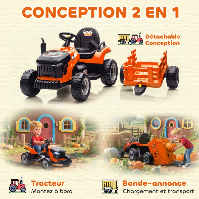 AIYAPLAY Tracteur électrique enfants avec remorque amovible, voiture électrique enfants, télécommande 2,4G, 139x58x55cm, orange