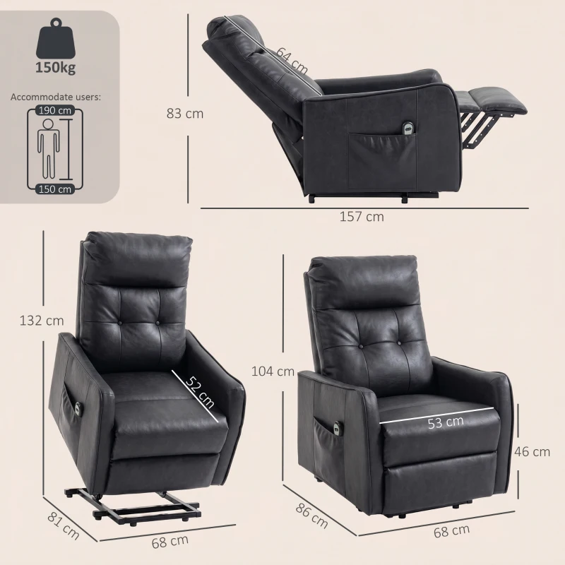HOMCOM Poltrona Relax Reclinável Elétrica Elevatória em Couro PU com Controlo Remoto, Assento com Molas, Apoio para os Pés, Cinzento