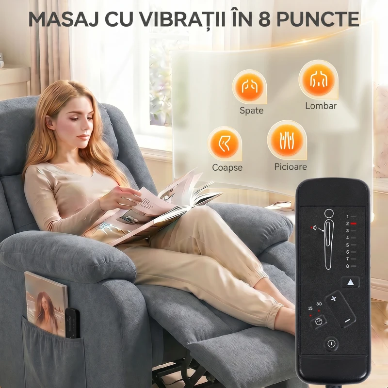 HOMCOM Fotoliu Electric cu Ridicare și Reclinare 135° din Țesătură cu Aspect de In, Suport Picioare, Gri