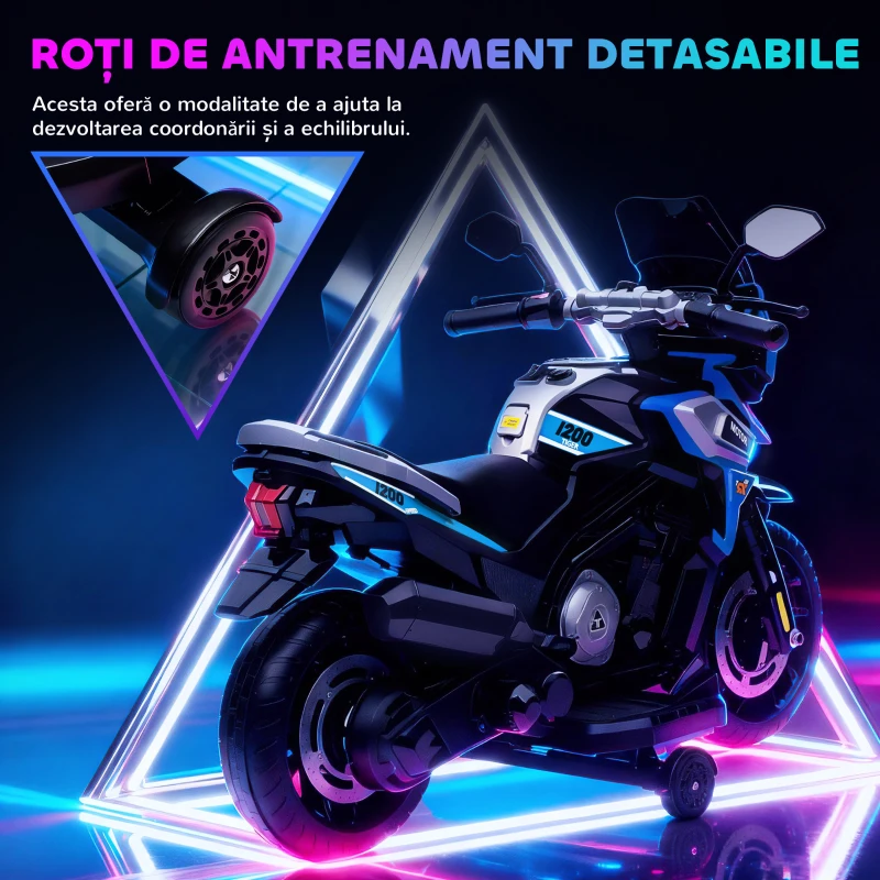 AIYAPLAY Motocicletă Electrică pentru Copii cu Roți Ajutătoare, Oglinzi și Suporturi pentru Picioare, din PP și Metal, 85.5x44.5x56 cm, Albastră