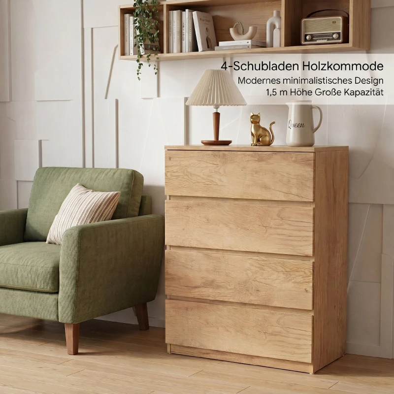 HOMCOM Cómoda de 4 Gavetas para Quarto Moderna Design sem Puxadores para Sala de Jantar Entrada 60x40x80 cm Madeira