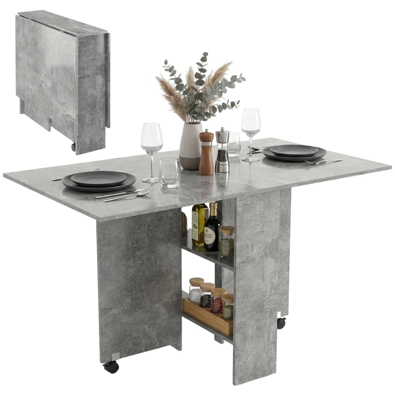 HOMCOM Masă de Dining Pliabilă cu Extensii și Roți cu Frână pentru 4-6 Persoane, Birou Pliabil,140x80x74 cm, Gri Ciment