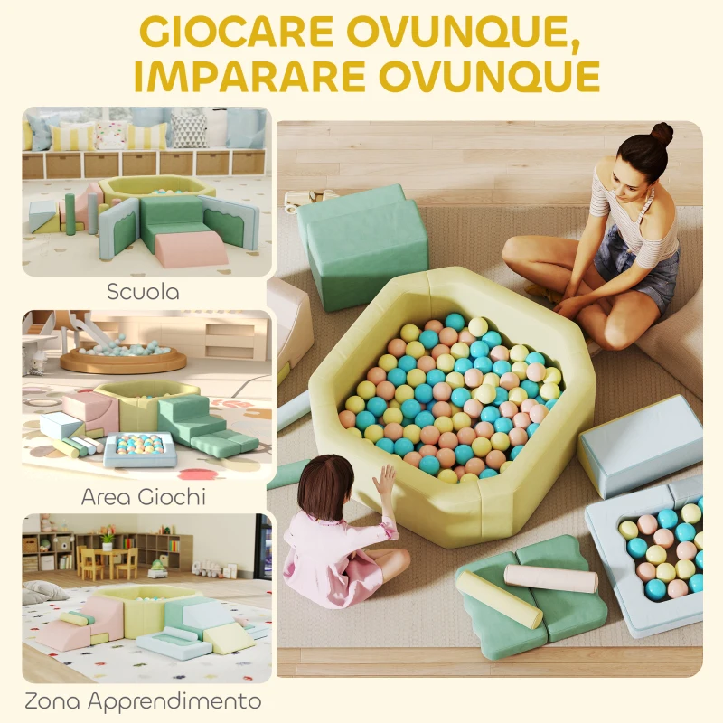 AIYAPLAY Set 15 Blocchi di Costruzioni Morbide Modulabili per Bambini con 200 Palline per Uso Interno, Multicolore