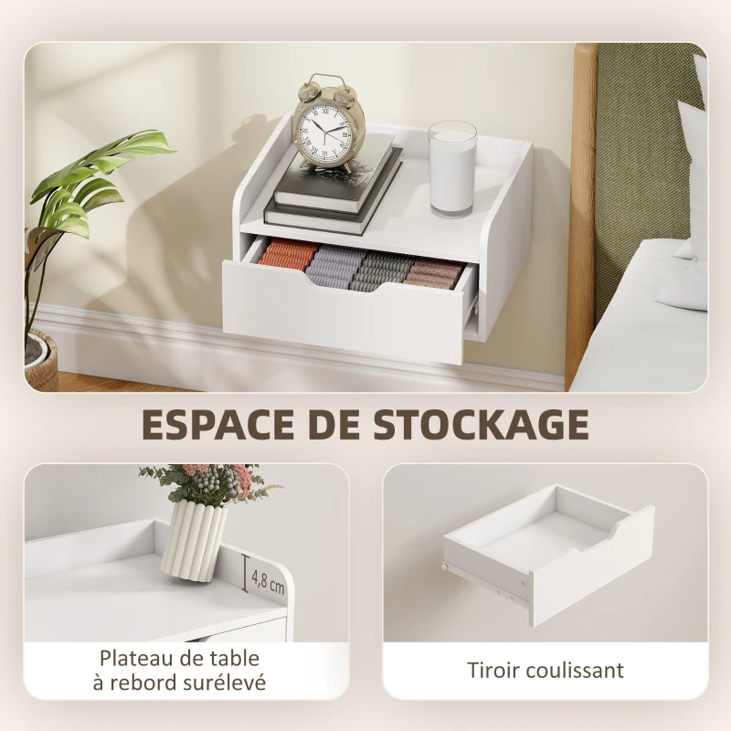 HOMCOM Lot de 2 tables de chevet murales tables de nuit suspendues tiroir plateau aspect bois dim. 40L x 30l x 19,5H cm
