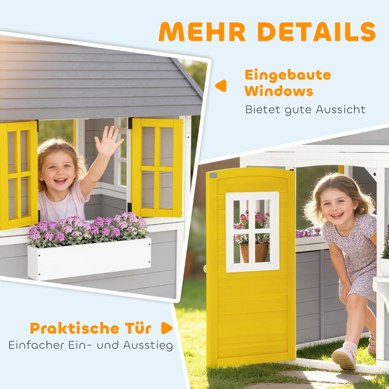 Outsunny Spielhaus Wetterfestes Kinderspielhaus aus Holz mit Tür 6 Fenster 2 Blumenkästen 2 Blumenständern für 3-8 Jahre Grau