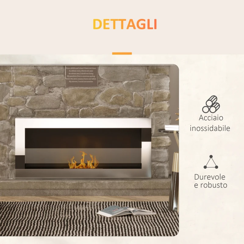 HOMCOM Camino Bioetanolo in Acciaio Inox, 2.5h di Combustione con Serbatoio 1.5L e Copertura 20m², 90x16x40 cm, Argento