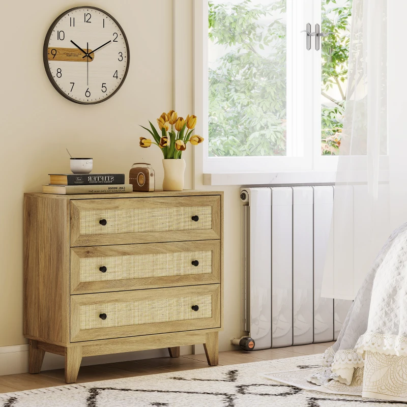 HOMCOM Cómoda com 3 Gavetas Cómoda de Madeira com Gavetas de Vime e Pés Elevados 80x35x76 cm Madeira