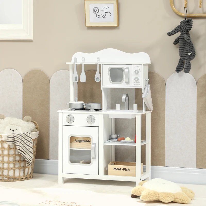 AIYAPLAY Cocina de Juguete de Madera con Sonido Accesorios Fregadero y Microondas para Niños a Partir de 3 Años Blanco