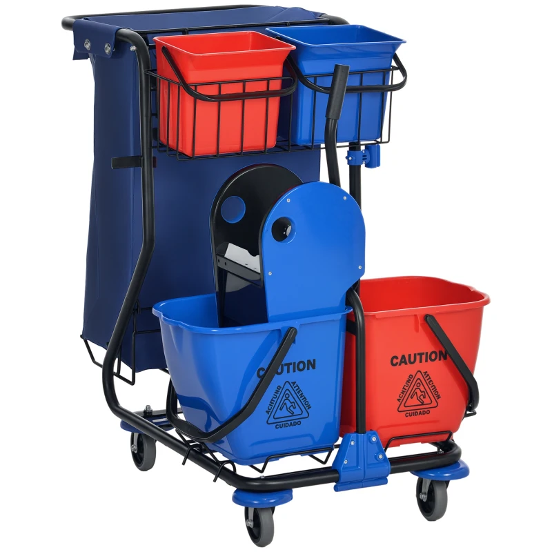 HOMCOM Cărucior de Curățenie cu Sac pentru Gunoi, 4 Găleți și Storcător pentru Mop, 93x80x97 cm, Roșu, Albastru și Negru