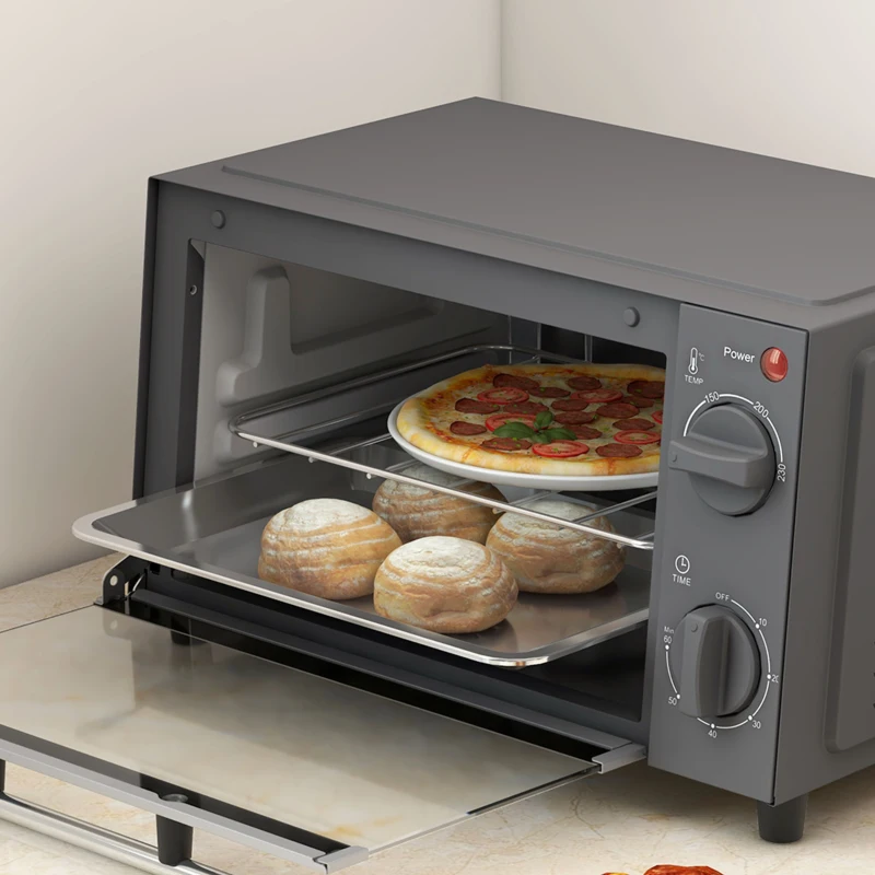 HOMCOM Mini Oven, 9L Countertop Electric Grill, Toaster Oven with Adjustable Temperature, Timer, Dishwasher Safe Baking Tray and Wire Rack, 750W, Grey