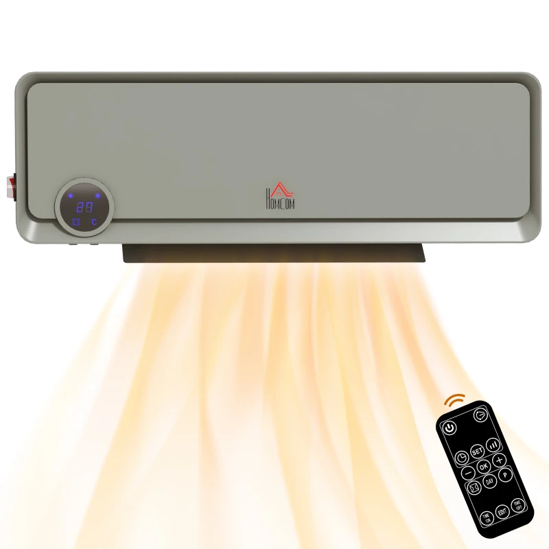 HOMCOM Wall Downflow Heater 2 Heat and Fan 1000W/2000W, Electric Space Heater with Timer Remote Oscillating, for Bedroom Home Office, Grey