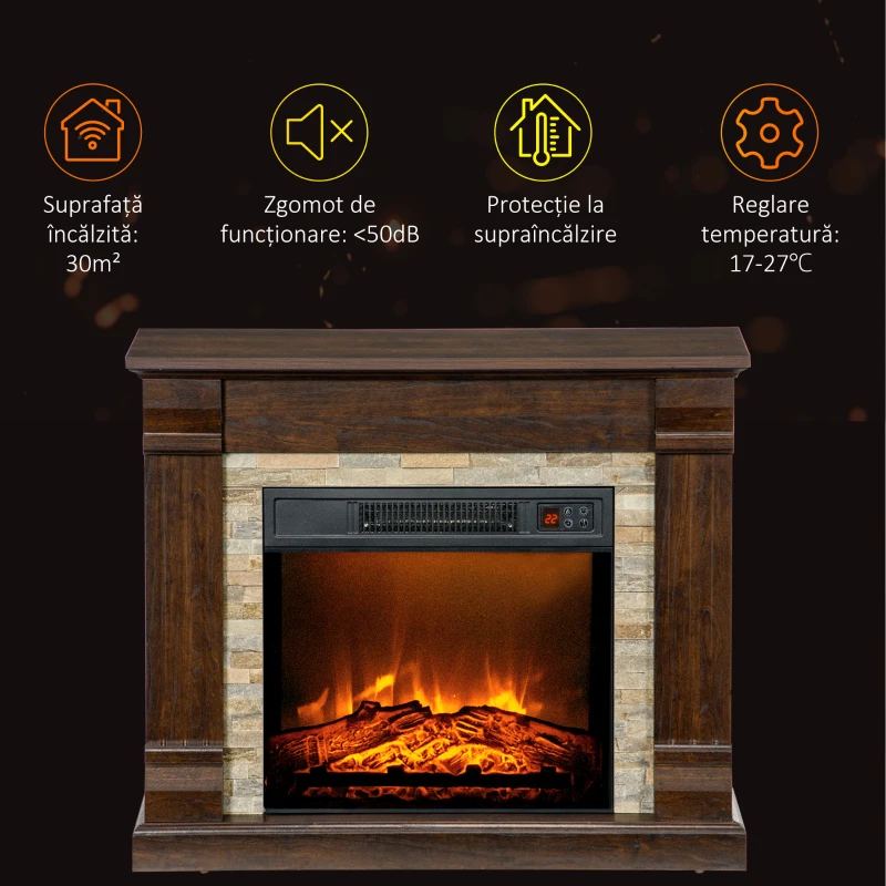 HOMCOM Șemineu Electric de Podea cu Temporizator, Flacără și Temperatură Reglabilă, 80x21,6x67,8 cm, Maro