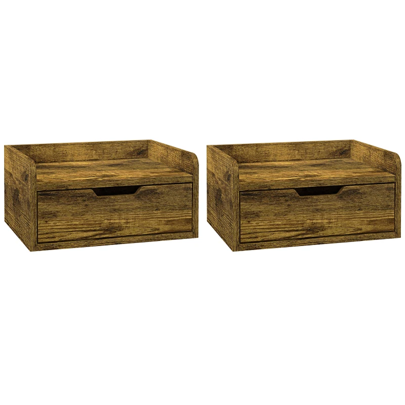 HOMCOM Floating Nightstand Set of 2 Wall Mounted Bedside Table with Storage Drawer for Bedroom, Rustic Brown