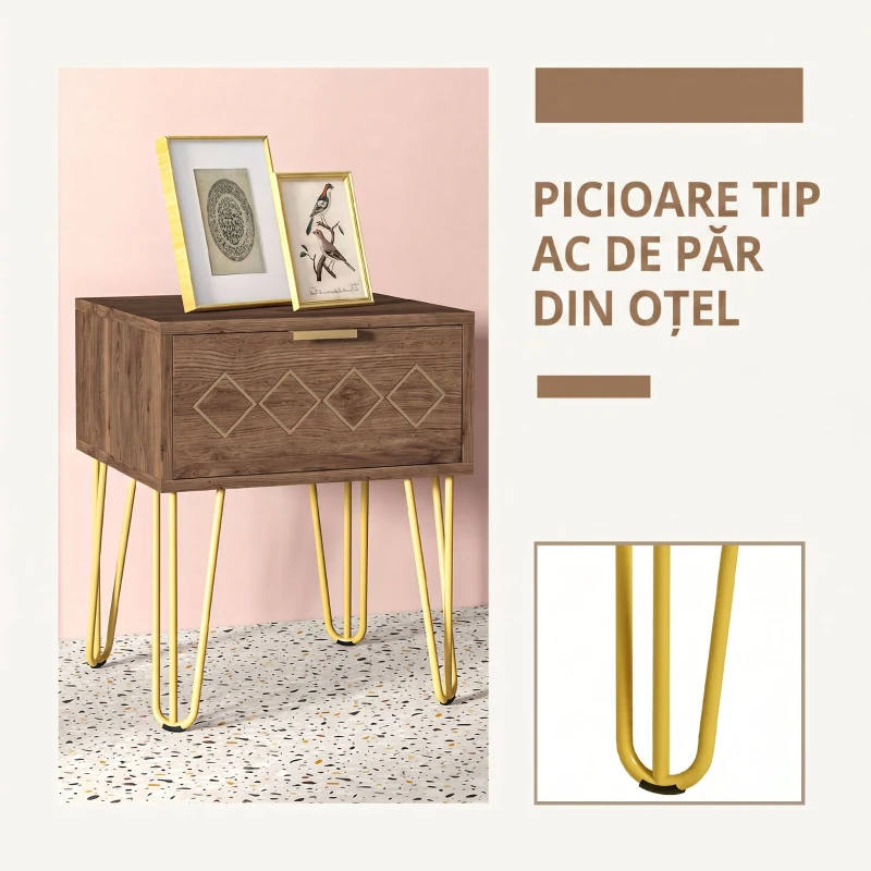 HOMCOM Noptiere Moderne Set 2 Piese din Plăci Aglomerate și Oțel cu Sertar, 39.5x41x49 cm, Maro