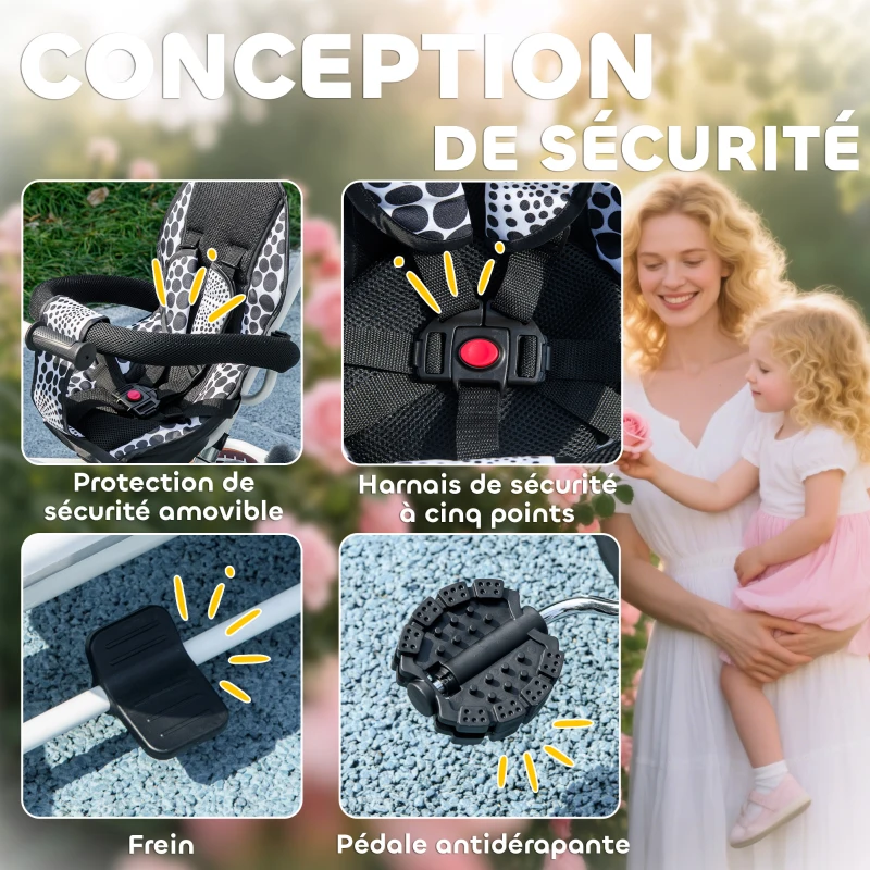 HOMCOM Tricycle Enfants Pare-Soleil Pliable Canne Amovible Benne Rangement 105 x 47 x 98 cm Acier Blanc et Noir