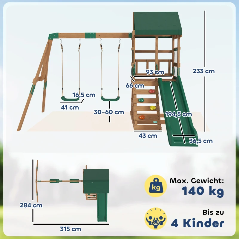 AIYAPLAY Spielturm Klettergerüst Holz Schaukelgestell mit Rutsche 2 Schaukeln Kletterwand für 3-8 Jahre 315x284x233 cm Grün