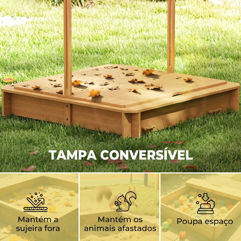 Outsunny Caixa de Areia para Crianças de Madeira com Toldo Ajustável em Altura 2 Bancos e Encostos para Jardim 106x106x121 cm Natural