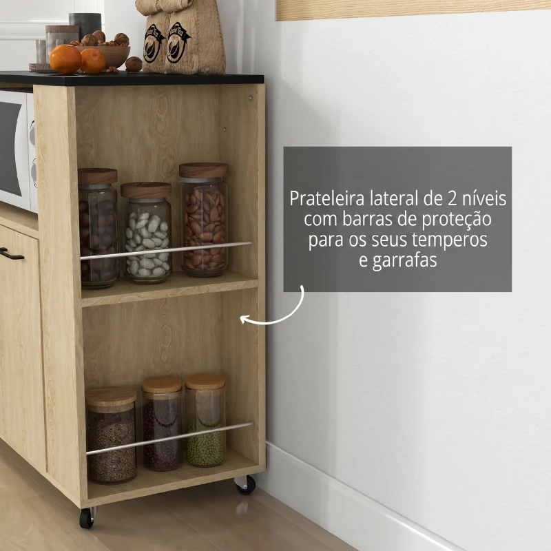 HOMCOM Carrinho de Cozinha com Rodas 2 Portas Prateleira Ajustável Porta-Especiarias para Sala de Jantar 75x40x80,5 cm Madeira