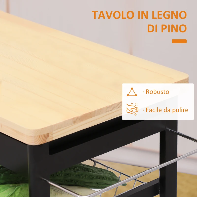 HOMCOM Carrello da Cucina Multiuso in Legno di Pino 74 x 37 x 75cm Nero