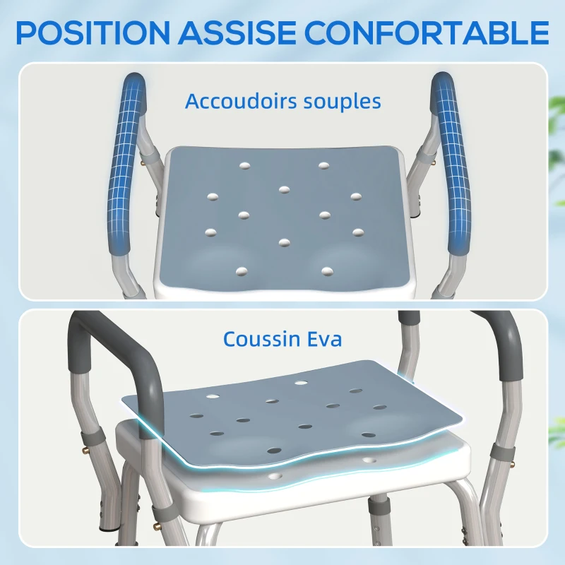 HOMCOM Tabouret de douche pour personnes âgées et handicapées avec accoudoirs, hauteur réglable, patins antidérapants, bleu