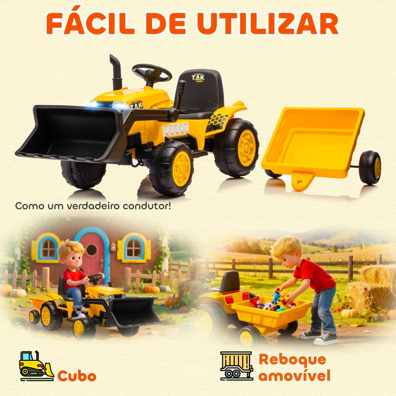 AIYAPLAY Trator Elétrico para Crianças com Reboque e Pá 12V Motor Duplo Luzes Música Conexão Sem Fios USB 146x58x58,5 cm Amarelo