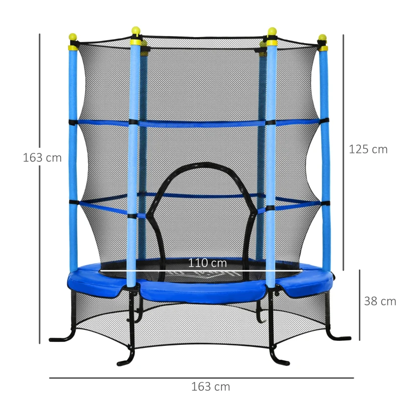 HOMCOM Kindertrampolin, mit Sicherheitsnetz, Randabdeckung, Stahlrahmen, bis 50 kg, 3-10 Jahre, blau, Ø160 x 163 cm