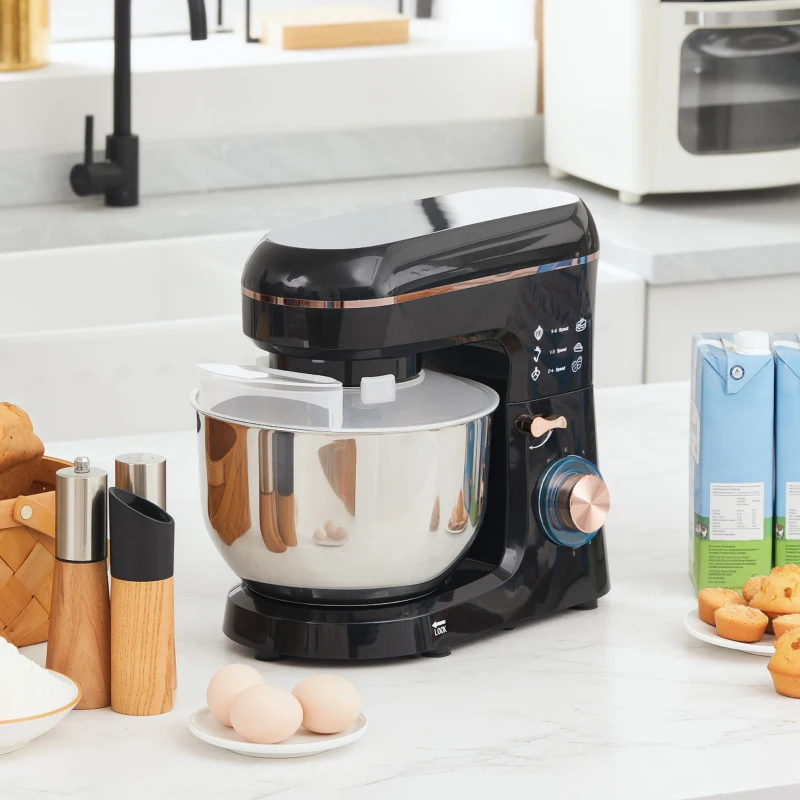 HOMCOM Stand Mixer, 5L Food Mixer for Baking, 6 Speeds and Pulse Setting, 1400W Cake Electric Kitchen Mixer with Dough Hook, Whisk, Stainless Steel Bowl, Splash Guard, Beater, Black
