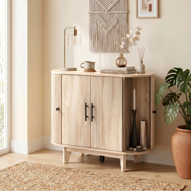 HOMCOM Buffet salon, meuble de rangement ovale avec 4 portes et étagère réglable, 90 x 40 x 76 cm, chêne