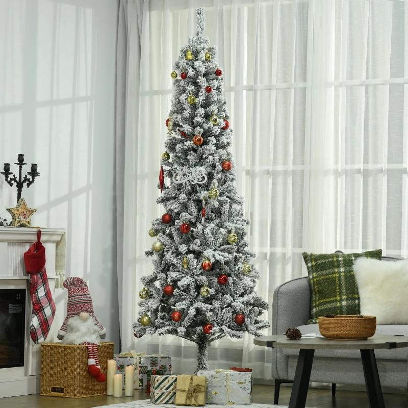 HOMCOM Albero di Natale Slim Artificiale 210 cm con Rami Realistici, Albero di Natale Innevato Alto e Stretto con Base Pieghevole, Verde