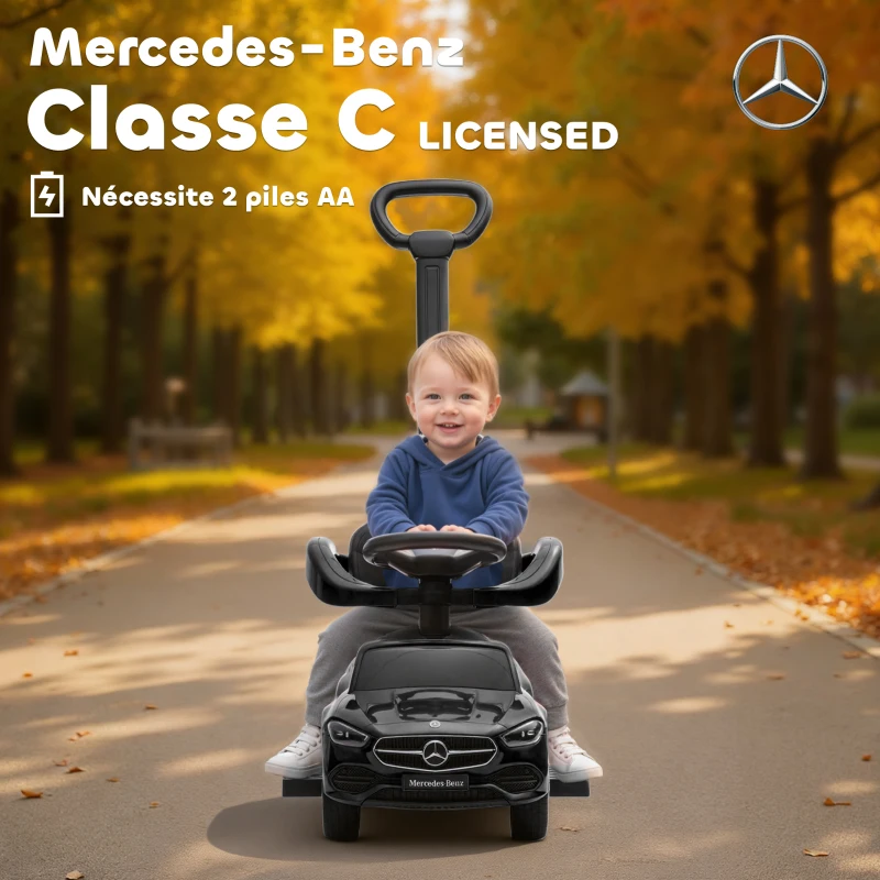 AIYAPLAY Porteur enfants Mercedes-Benz sous licence, porteur voiture à pousser avec poignée amovible, 91 x 40 x 83 cm, noir